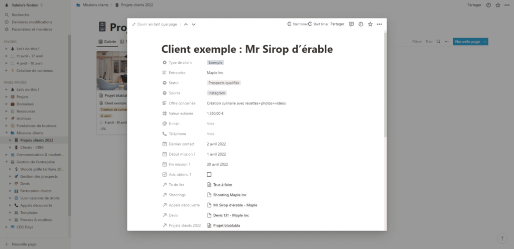 Exemple de fiche client photographe dans Notion
