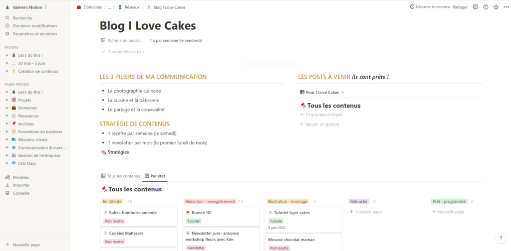 Suivi de l'état de ma création de contenu dans mon espace Notion pour les photographes