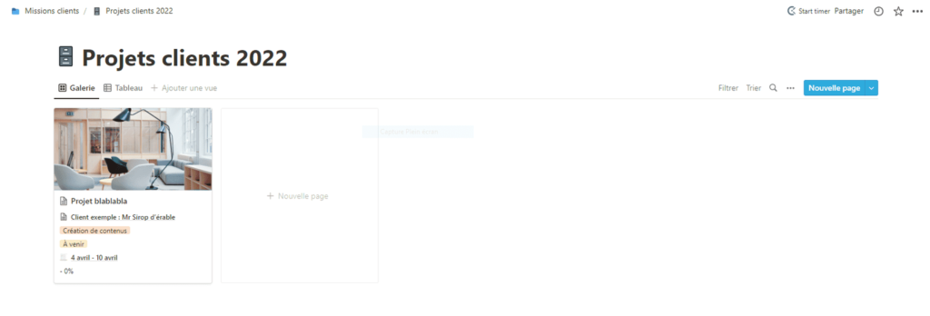 Capture d'écran de la page projets clients sur Notion