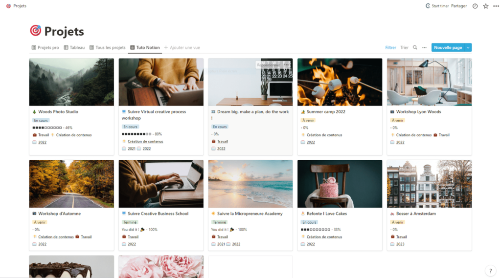Capture d'écran de la page projets sur Notion pour les photographes