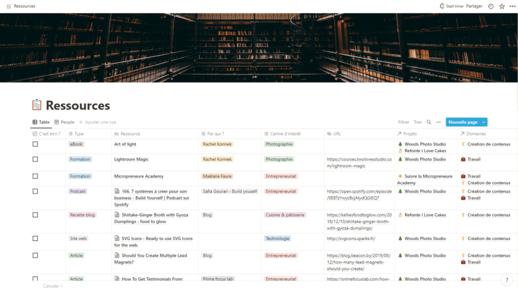 Capture d'écran de la page ressources sur Notion