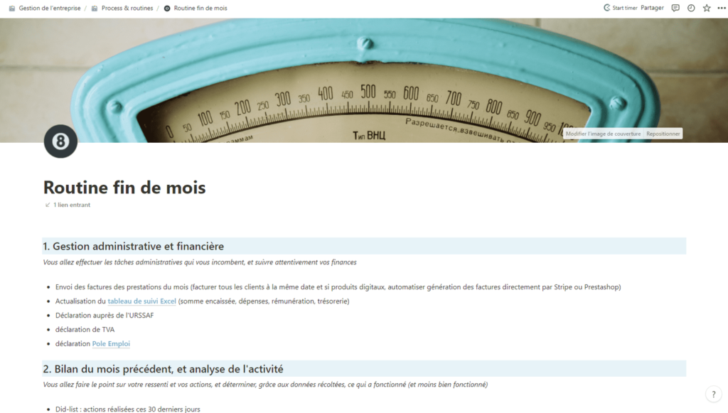 Capture d'écran de routine mensuelle sur Notion